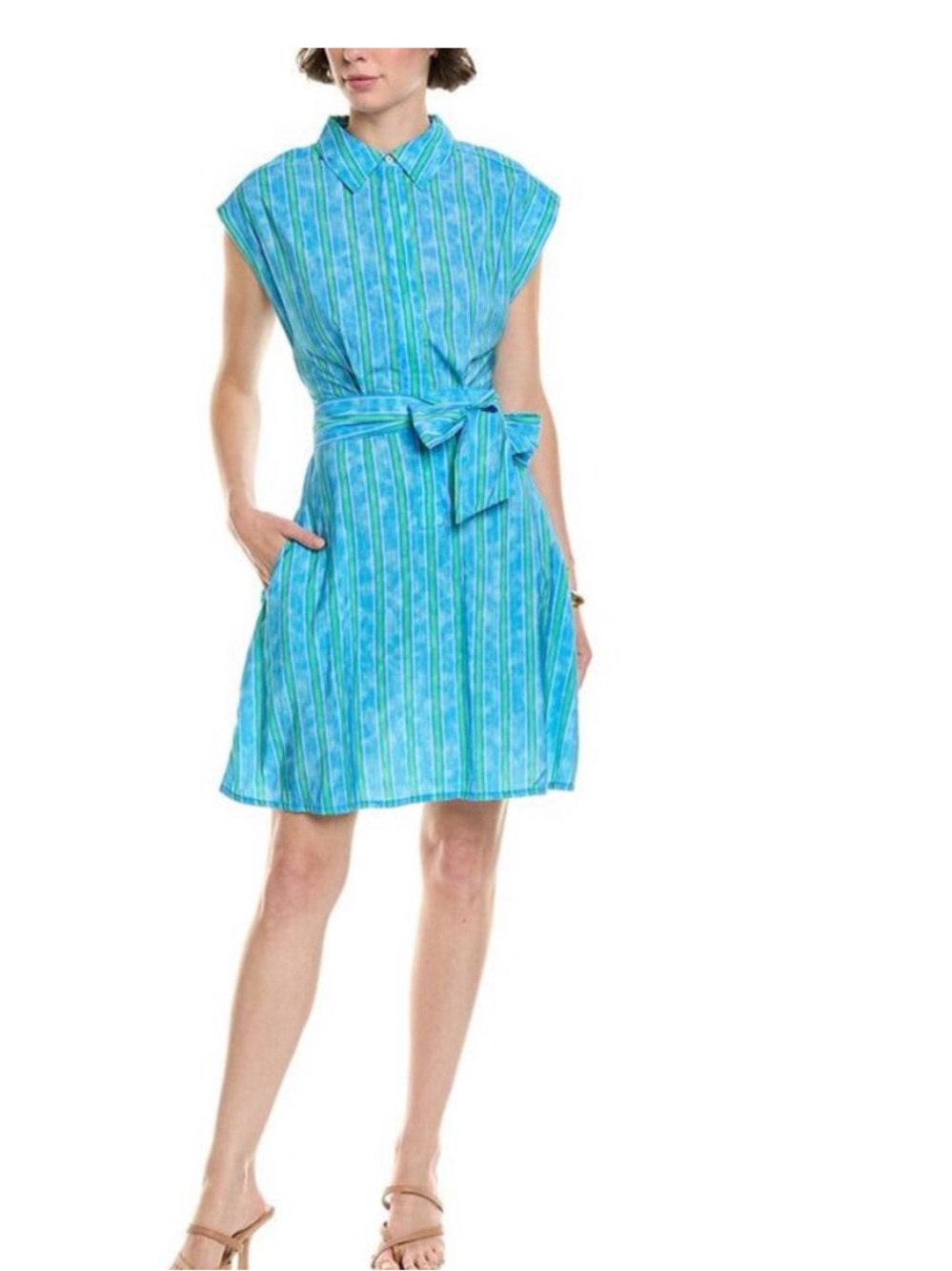 Area Stars dress Striped Blue-Green Shirt Dress with Tie Waist Medium NWOT